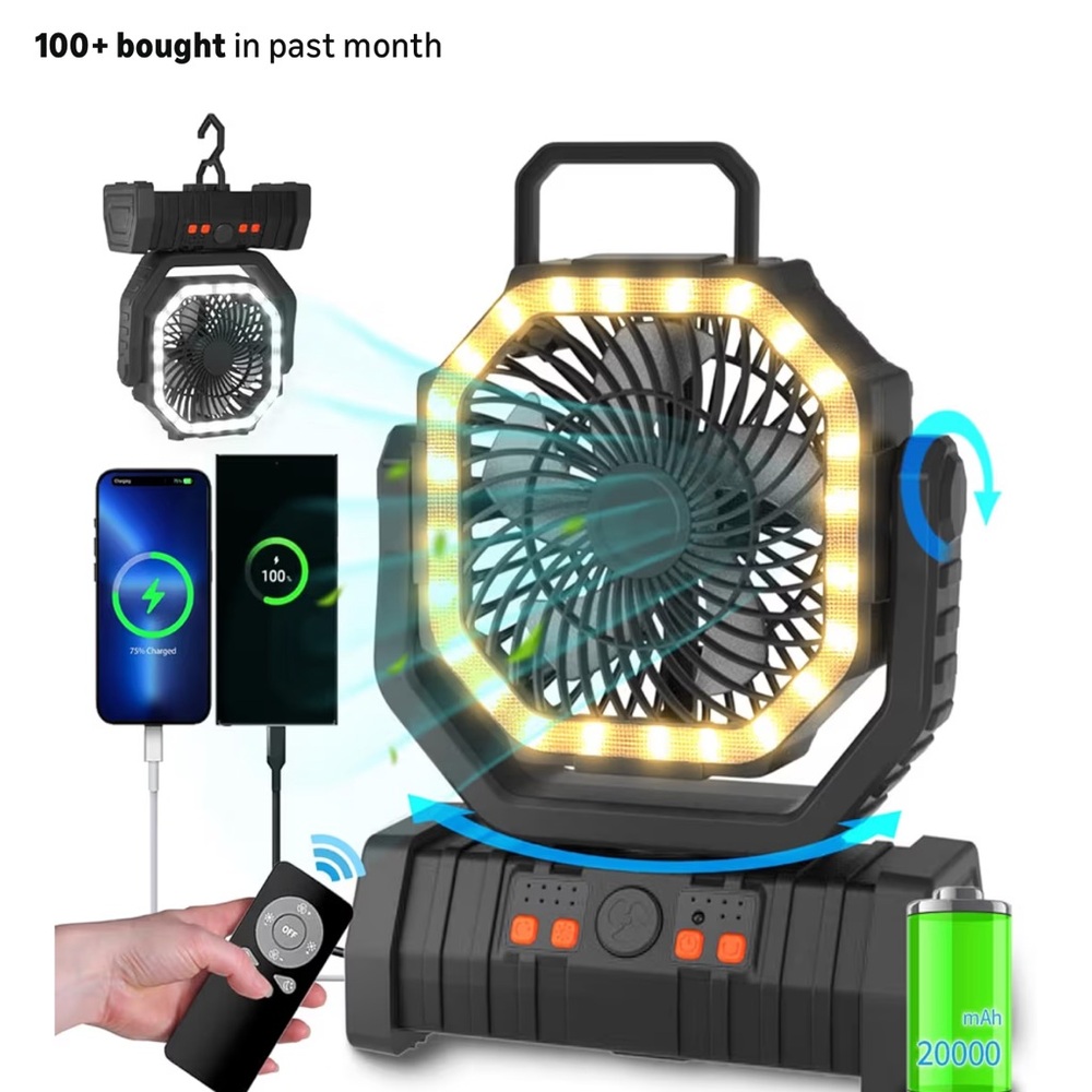 Portable Black LED Camping Fan with 20000mAh Power Bank and Remote